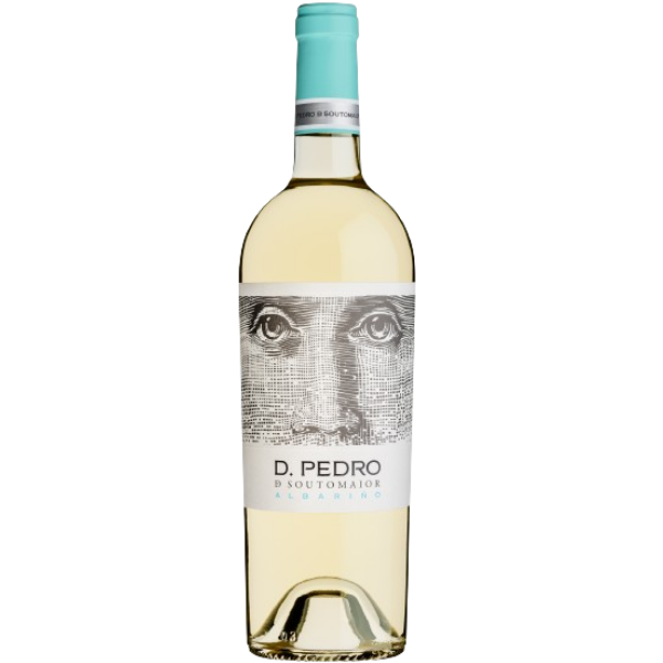 Botella de vino Albariño D. Pedro de Soutomaior con etiqueta de mirada distintiva y cápsula azul turquesa, disponible para distribución al por mayor en restaurantes, bares y hoteles de Cantabria por L'abuela Maruchi.
