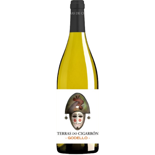 Botella de vino blanco Terras do Cigarrón Godello D.O. Monterrei con ilustración de máscara de Cigarrón para distribución mayorista en hostelería de Cantabria por L'abuela Maruchi.