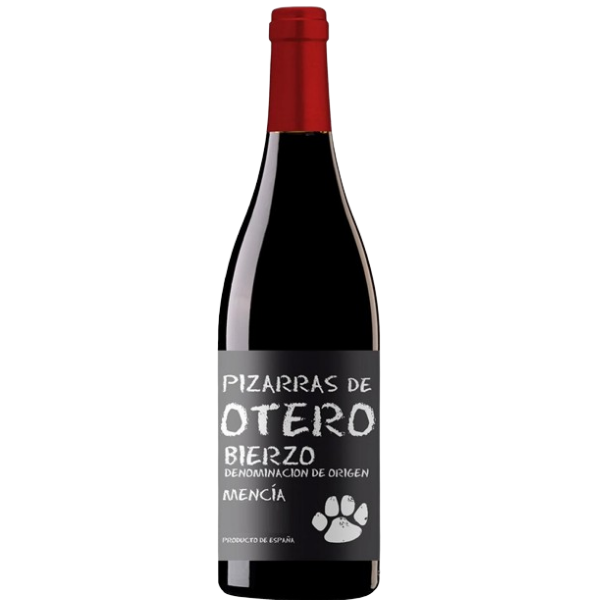 Botella de vino tinto Pizarras de Otero Mencía D.O. Bierzo con cápsula roja y etiqueta de huella de oso para distribución al por mayor en hostelería de Cantabria por L'abuela Maruchi.