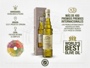 Infografía comercial de Venta del Barón. En el centro aparece la botella y el estuche del AOVE. A la izquierda, iconos detallan: Variedades Hojiblanca y Picuda; Origen D.O.P. Priego de Córdoba; y una rueda de cata detallando Frutado Intenso y Complejo. A la derecha, destaca el texto: "MÁS DE 400 PREMIOS INTERNACIONALES" y el logotipo oficial "WORLD'S BEST OLIVE OIL". En la base, un sello de "GARANTÍA DE CALIDAD". El fondo es una textura de lino gris con líneas sutiles del almacén original.